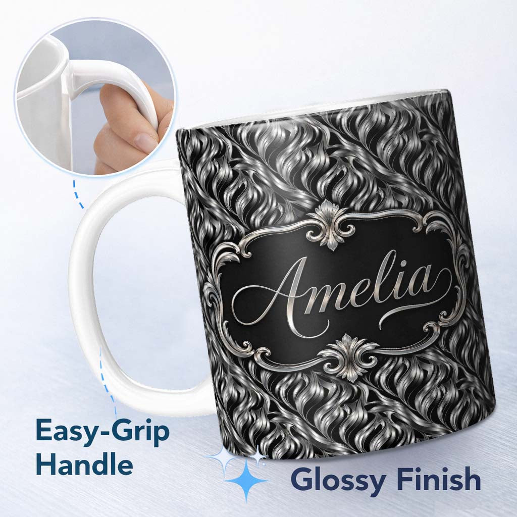 Personalized Custom Name Black Silver Metallic Wave Abstract Seamless Pattern Name Cute 11oz Ceramic Coffee Tea Mug White Large Handle