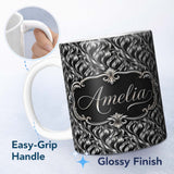 Personalized Custom Name Black Silver Metallic Wave Abstract Seamless Pattern Name Cute 11oz Ceramic Coffee Tea Mug White Large Handle