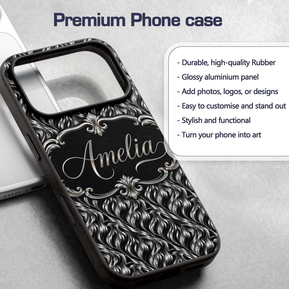 Black Silver Metallic Wave Abstract Seamless Custom Name Protective Phone Case Mobile Cover Durable Everyday Smartphone Shock Resistant