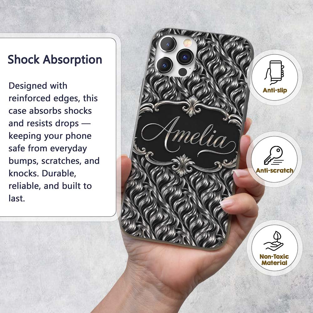 Black Silver Metallic Wave Abstract Seamless Custom Name Protective Phone Case Mobile Cover Durable Everyday Smartphone Shock Resistant