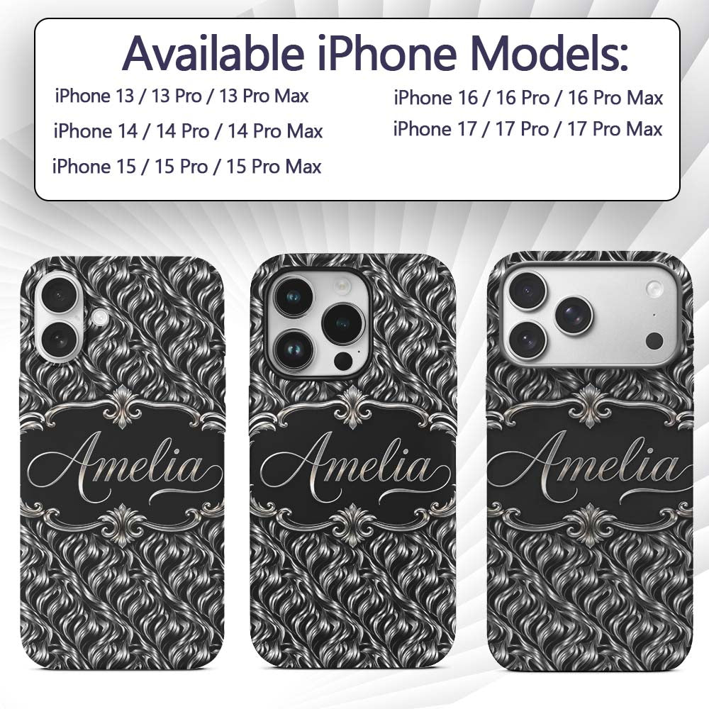 Black Silver Metallic Wave Abstract Seamless Custom Name Protective Phone Case Mobile Cover Durable Everyday Smartphone Shock Resistant