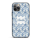 Classic Blue Damask Vintage Floral Printed Design Custom Name Protective Phone Case Mobile Cover Durable Everyday Smartphone Shock Resistant