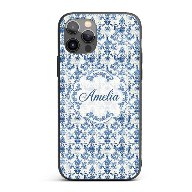 Classic Blue Damask Vintage Floral Printed Design Custom Name Protective Phone Case Mobile Cover Durable Everyday Smartphone Shock Resistant