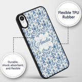 Classic Blue Damask Vintage Floral Printed Design Custom Name Protective Phone Case Mobile Cover Durable Everyday Smartphone Shock Resistant