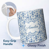 Personalized Custom Name Classic Blue Damask Vintage Floral Seamless Pattern Name Cute 11oz Ceramic Coffee Tea Mug White Large Handle