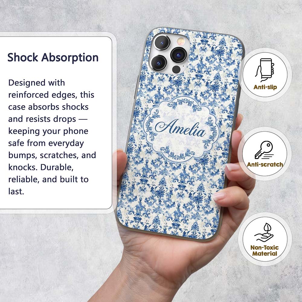 Classic Blue Damask Vintage Floral Printed Design Custom Name Protective Phone Case Mobile Cover Durable Everyday Smartphone Shock Resistant