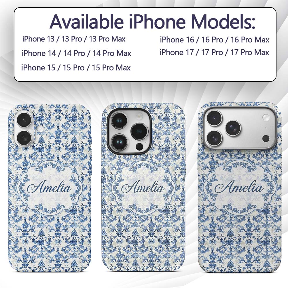 Classic Blue Damask Vintage Floral Printed Design Custom Name Protective Phone Case Mobile Cover Durable Everyday Smartphone Shock Resistant