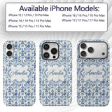 Classic Blue Damask Vintage Floral Printed Design Custom Name Protective Phone Case Mobile Cover Durable Everyday Smartphone Shock Resistant