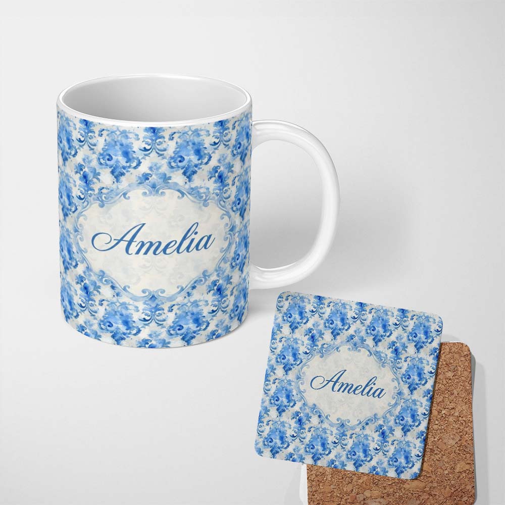 Personalized Custom Name Watercolor Blue Damask Artistic Seamless Pattern Name Cute Unique 11oz Ceramic Coffee Tea Mug White Large Handle