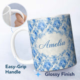 Personalized Custom Name Watercolor Blue Damask Artistic Seamless Pattern Name Cute Unique 11oz Ceramic Coffee Tea Mug White Large Handle