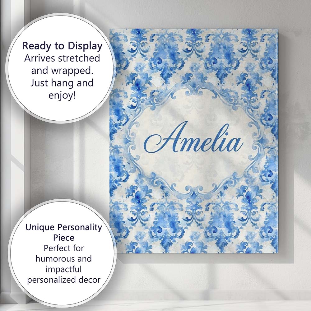 Personalised Name Watercolor Blue Damask Custom  Unique Gift Idea Elegant Feature Canvas Wall Art Print Decor Picture Ready to Hang