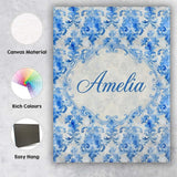 Personalised Name Watercolor Blue Damask Custom  Unique Gift Idea Elegant Feature Canvas Wall Art Print Decor Picture Ready to Hang