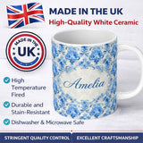 Personalized Custom Name Watercolor Blue Damask Artistic Seamless Pattern Name Cute Unique 11oz Ceramic Coffee Tea Mug White Large Handle