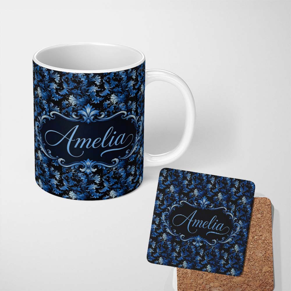 Personalized Custom Name Dark Blue Floral Ornamental Seamless Pattern on Black Background 11oz Ceramic Coffee Tea Mug White Large Handle