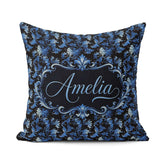 Custom Name Dark Blue Floral Ornamental Pattern Black Background Square Filled Cushion Throw Pillow Sofa Bed Home Decor Zip Washable UK Made