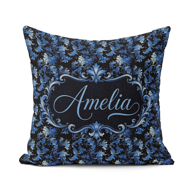 Custom Name Dark Blue Floral Ornamental Pattern Black Background Square Filled Cushion Throw Pillow Sofa Bed Home Decor Zip Washable UK Made