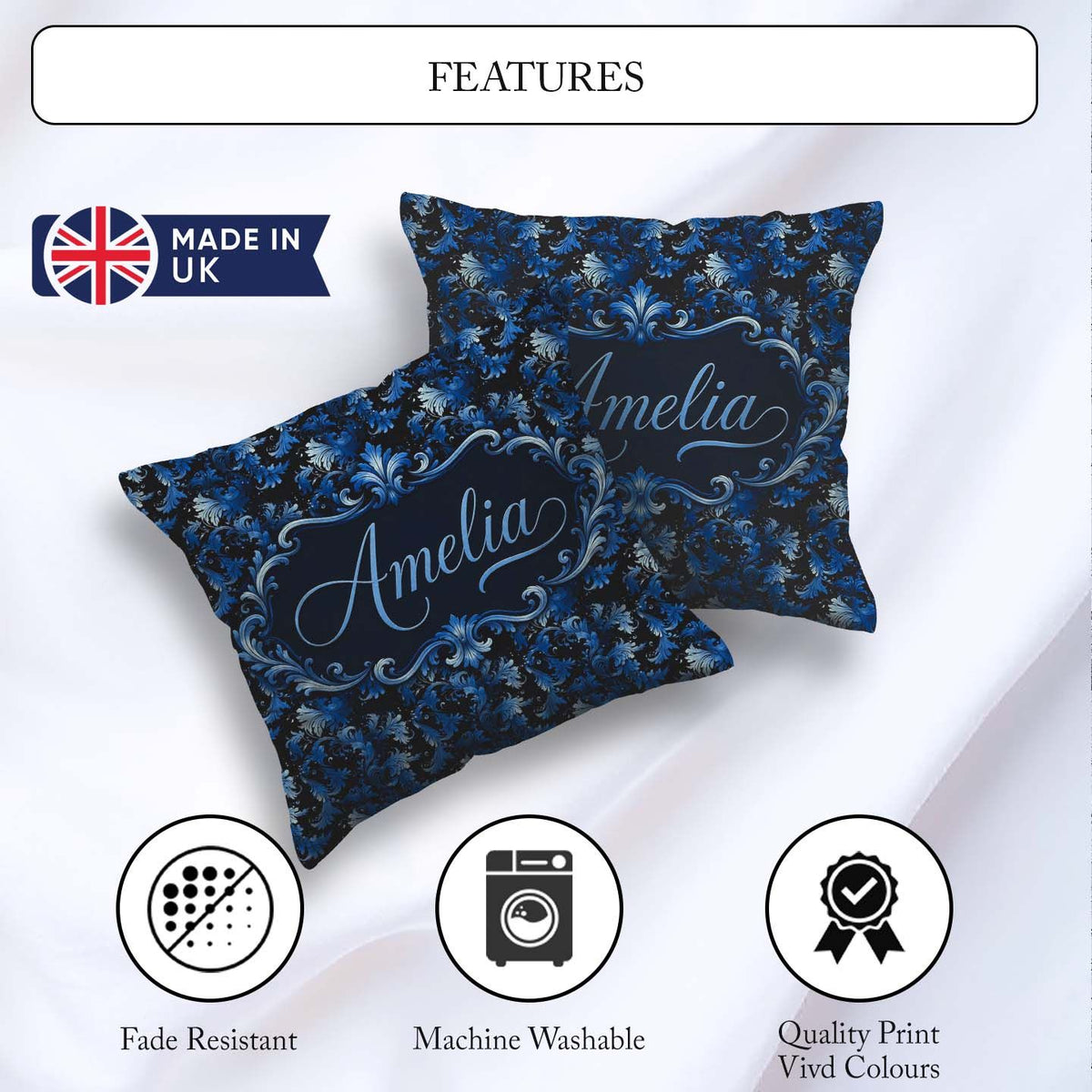 Custom Name Dark Blue Floral Ornamental Pattern Black Background Square Filled Cushion Throw Pillow Sofa Bed Home Decor Zip Washable UK Made