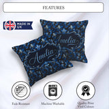 Custom Name Dark Blue Floral Ornamental Pattern Black Background Square Filled Cushion Throw Pillow Sofa Bed Home Decor Zip Washable UK Made
