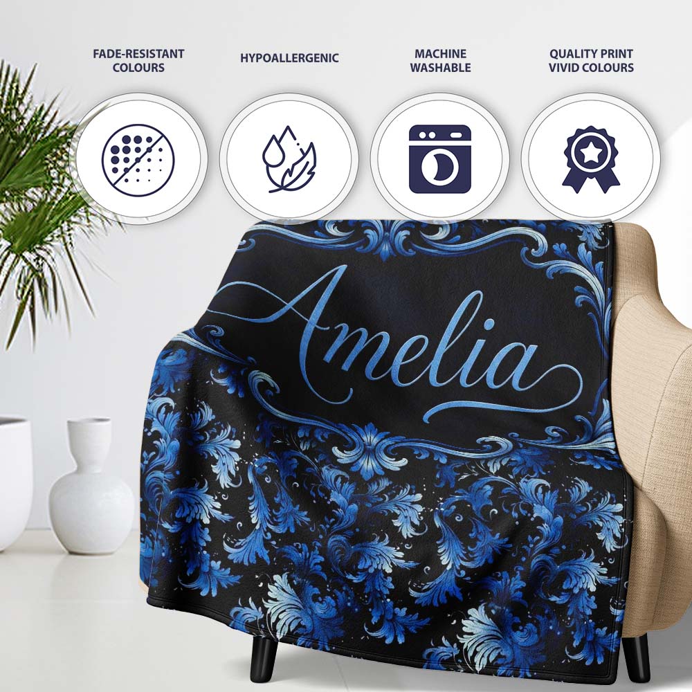 Dark Blue Floral Ornamental Seamless Pattern on Black Background  Personalised Custom Name Super Soft Fleece Blanket Bed Sofa Throw