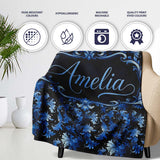 Dark Blue Floral Ornamental Seamless Pattern on Black Background  Personalised Custom Name Super Soft Fleece Blanket Bed Sofa Throw