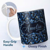 Personalized Custom Name Dark Blue Floral Ornamental Seamless Pattern on Black Background 11oz Ceramic Coffee Tea Mug White Large Handle