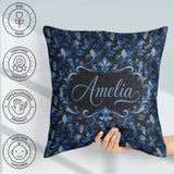 Custom Name Dark Blue Floral Ornamental Pattern Black Background Square Filled Cushion Throw Pillow Sofa Bed Home Decor Zip Washable UK Made