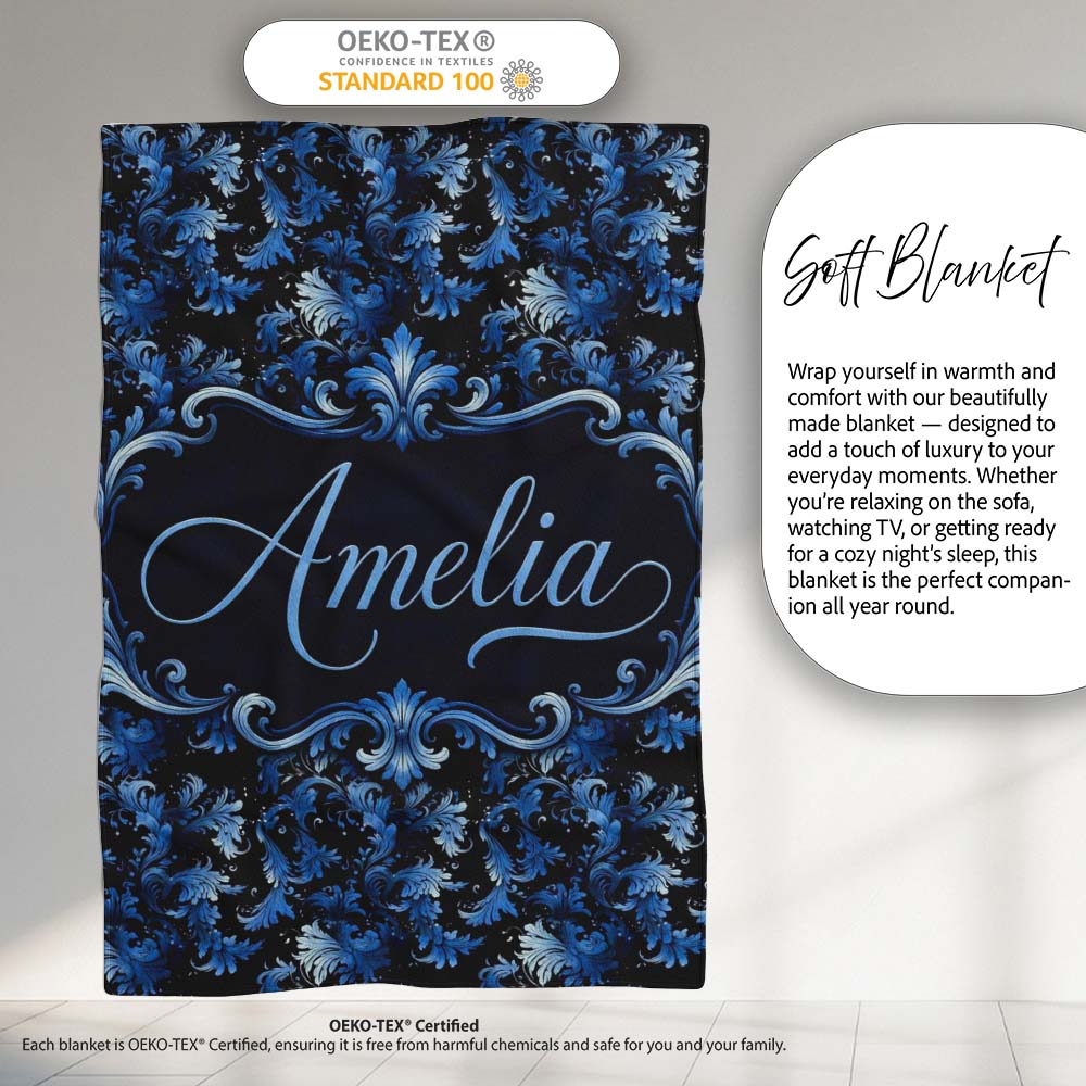Dark Blue Floral Ornamental Seamless Pattern on Black Background  Personalised Custom Name Super Soft Fleece Blanket Bed Sofa Throw