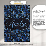 Dark Blue Floral Ornamental Seamless Pattern on Black Background  Personalised Custom Name Super Soft Fleece Blanket Bed Sofa Throw