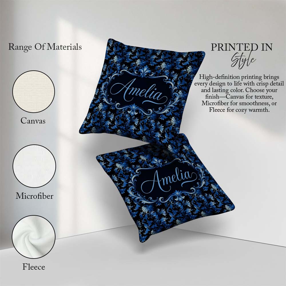 Custom Name Dark Blue Floral Ornamental Pattern Black Background Square Filled Cushion Throw Pillow Sofa Bed Home Decor Zip Washable UK Made
