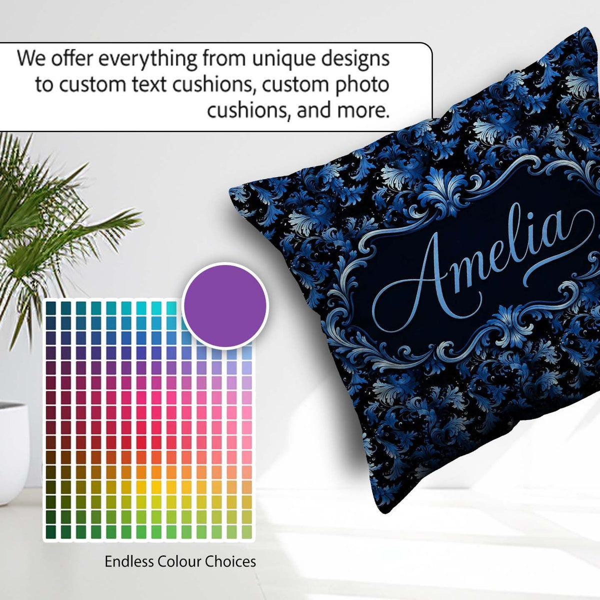 Custom Name Dark Blue Floral Ornamental Pattern Black Background Square Filled Cushion Throw Pillow Sofa Bed Home Decor Zip Washable UK Made