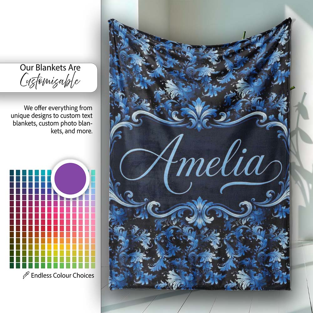 Dark Blue Floral Ornamental Seamless Pattern on Black Background  Personalised Custom Name Super Soft Fleece Blanket Bed Sofa Throw