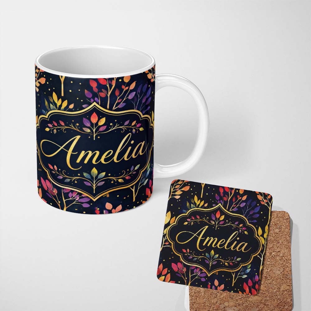 Personalized Custom Name Colorful Gradient Leaves and Branches on Dark Night Background 11oz Ceramic Coffee Tea Mug White Large Handle