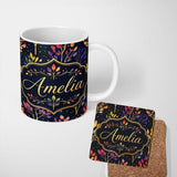 Personalized Custom Name Colorful Gradient Leaves and Branches on Dark Night Background 11oz Ceramic Coffee Tea Mug White Large Handle
