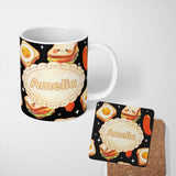 Personalized Custom Name Kawaii Breakfast Eggs Sausage and Sandwich Black Seamless Pattern 11oz Ceramic Coffee Tea Mug White Large Handle