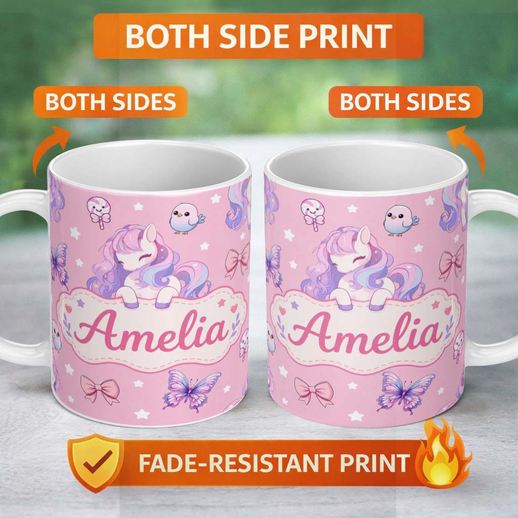 Personalized Custom Name Cute Pastel Unicorn Butterfly Candy Stars Rose Pink Background 11oz Ceramic Coffee Tea Mug White Large Handle