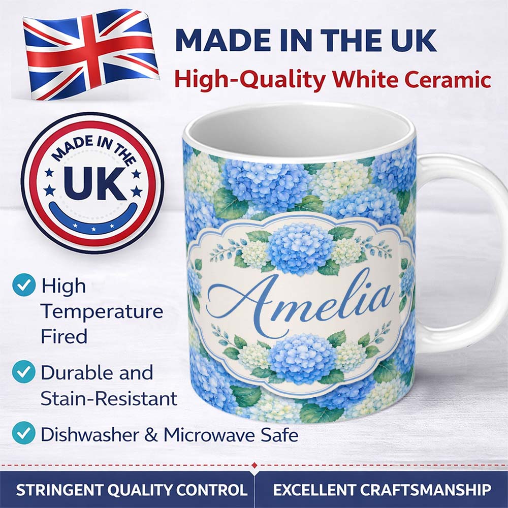 Personalized Custom Name Vibrant Blue Hydrangea Cluster Seamless Pattern Perfect Gift for Her 11oz Ceramic Coffee Tea Mug White Large Handle