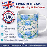 Personalized Custom Name Vibrant Blue Hydrangea Cluster Seamless Pattern Perfect Gift for Her 11oz Ceramic Coffee Tea Mug White Large Handle