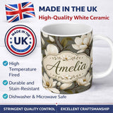 Personalized Custom Name Classic Magnolia Blossoms Botanical Illustration Seamless Pattern 11oz Ceramic Coffee Tea Mug White Large Handle