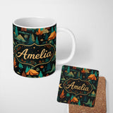 Personalized Custom Name Stylized Forest Trees Nature Seamless Pattern Beautiful Coffee Cup 11oz Ceramic Coffee Tea Mug White Large Handle