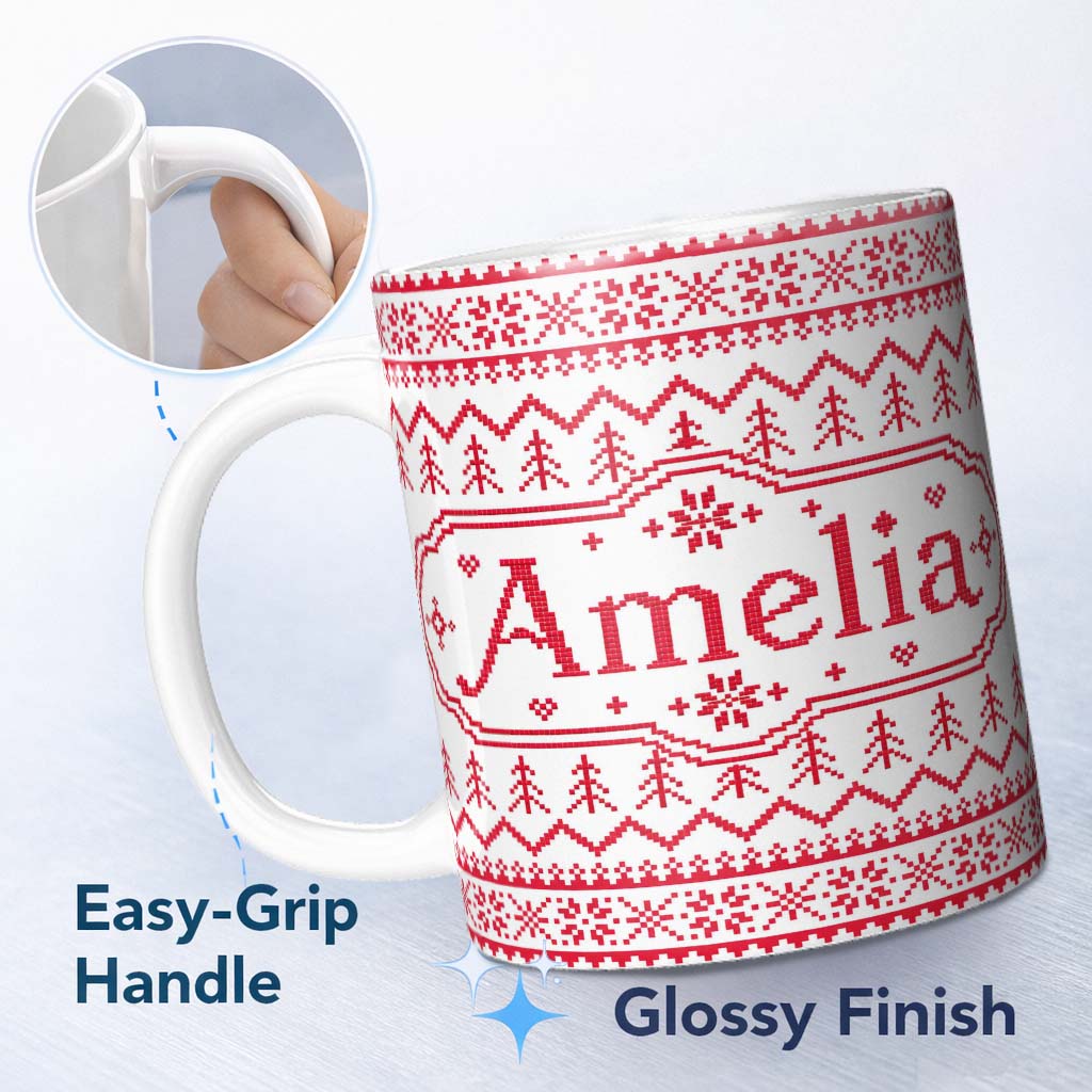 Personalized Custom Name Minimal Red White Nordic Pixel Christmas Knit Seamless Pattern 11oz Ceramic Coffee Tea Mug White Large Handle