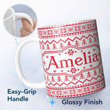 Personalized Custom Name Minimal Red White Nordic Pixel Christmas Knit Seamless Pattern 11oz Ceramic Coffee Tea Mug White Large Handle