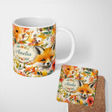 Personalized Custom Name Watercolor Fox Floral Artistic Pattern Stylish Everyday Mug Lovely 11oz Ceramic Coffee Tea Mug White Large Handle