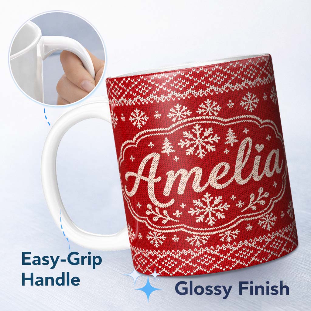 Personalized Custom Name Red Knitted Heart Pattern Christmas Seamless Charming Kitchen Decor 11oz Ceramic Coffee Tea Mug White Large Handle