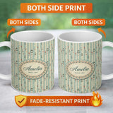 Personalized Custom Name Classic Decorative Birdcages Floral Stripe Seamless Pattern Lovely 11oz Ceramic Coffee Tea Mug White Large Handle
