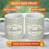 Personalized Custom Name Delicate Green Botanical Branches with White Berries Seamless Lovely 11oz Ceramic Coffee Tea Mug White Large Handle