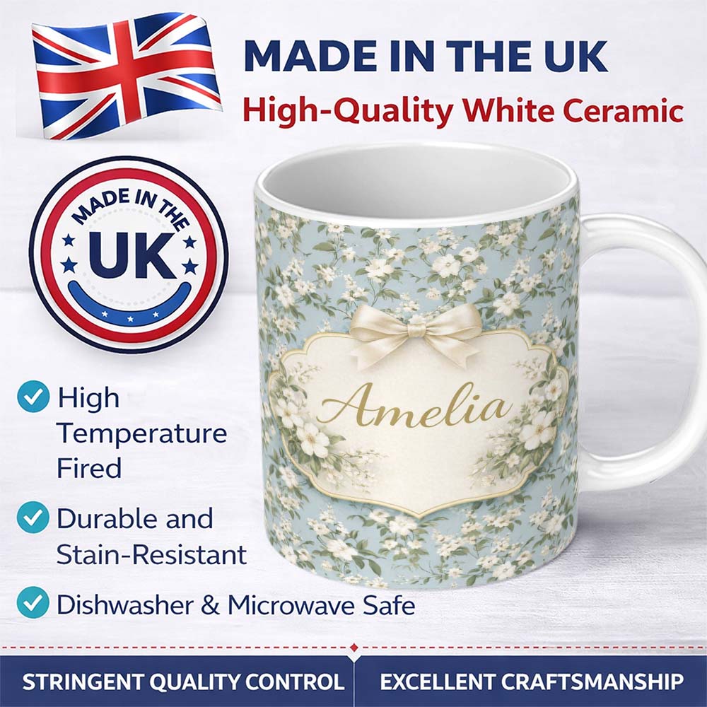 Personalized Custom Name Light Blue Ditsy Floral Small Blossom Repeat Cute Unique Gift Lovely 11oz Ceramic Coffee Tea Mug White Large Handle