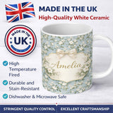 Personalized Custom Name Light Blue Ditsy Floral Small Blossom Repeat Cute Unique Gift Lovely 11oz Ceramic Coffee Tea Mug White Large Handle