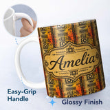 Personalized Custom Name Bold Tribal Panel Pattern with Geometric Blocks in Black Orange and 11oz Ceramic Coffee Tea Mug White Large Handle