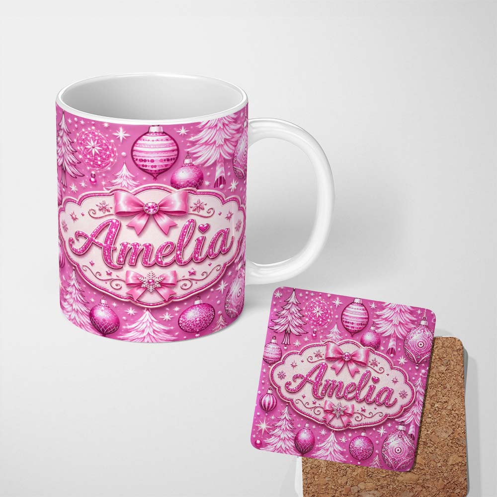 Personalized Custom Name Elegant Pink Christmas Tree Ornament Winter Seamless Pattern Lovely 11oz Ceramic Coffee Tea Mug White Large Handle