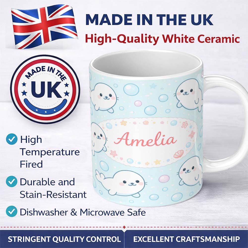Personalized Custom Name Cute Kawaii Seal Cartoon Animal Ocean Pattern Stylish Everyday Mug 11oz Ceramic Coffee Tea Mug White Large Handle